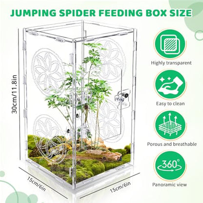 Large Jumping Spider Enclosure, 12x6x6 Inch Acrylic Tarantula Enclosure, Jumping Spider Accessories with Front Opening Door for mantises, Lizards, Frogs and Insects