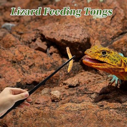 Reptile Feeding Tongs, Stainless Steel Lizard Feeding Tongs, Aquarium Straight Feeding Tweezers for Reptiles with Rubber Tip, Terrarium Feeding Tong for Gecko, 14.96" Length, Black - size: 14.96"