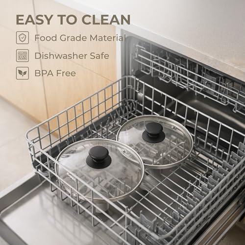 SUNHOUSE 9.5 Inch Pan Lid, Tempered Glass Lid with Heat-Resistant Knob | Clear Replacement Cover for Frying Pans, Pots, Cast Iron Skillet - Stainless Steel Rim - Dishwasher & Oven Safe to 400F - size: 9.5 inch