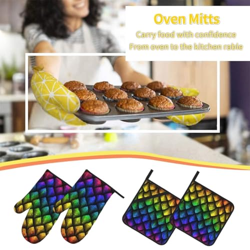 Dragon Scales Reptile Skin Heat Resistant Oven Mitts and Pot Holders Set of 4-500°f Protection Utensil Pocket for Grilling, Baking, Cooking
