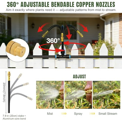 66FT Drip Irrigation System Kit Dual-Zone Garden Atomizing Watering System with 20 Copper 360° Adjustable Bendable Nozzles, Y-Splitter, Leak-Proof 1/4" Misting System for Garden Greenhouse Raised Beds - size: 66FT