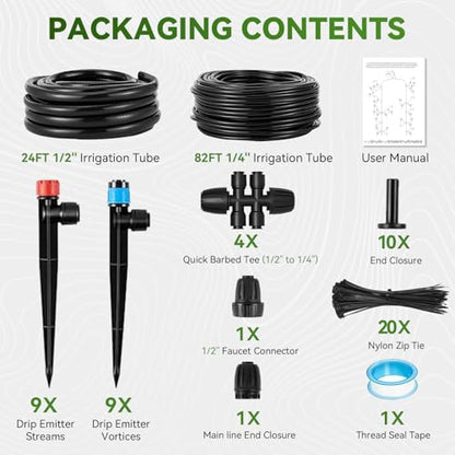 Drip Irrigation System, 106FT Quick Connect Garden Watering | Automatic watering with leak-free push-fit connectors, adjustable drip emitters for gardens, raised beds, greenhouses & lawns - size: 24FT 1/2''Main tube+82FT 1/4'' tube