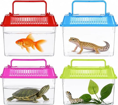 Angoily Turtle Tank, 0.4 Gal Portable Plastic Handheld Mini Fish Tanks Clear Reptile Habitat Carrier Catch and Release Aquarium Small Pet Aquarium with Handle for Travel and Home Use, Bug Cage Beach