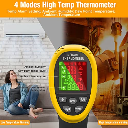 Infrared Thermometer Gun -58℉~1472℉, WapoRich Dual Laser Pyrometer, Non-Contact Digital Temp Gun w/Humidity, Ambient Temp & Dew Point, Temp Alarm for Cooking, BBQ, HVAC【NOT for Human】