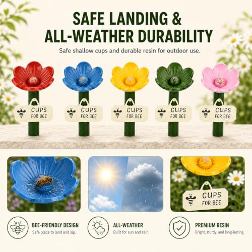 5 Set Bee Watering Station for Garden, Flower-Shaped Insect Drinking Cups with Stakes, Safe Water Feeder for Bees, Butterflies & Pollinators, Outdoor Yard Decor, Nature Lovers Gift