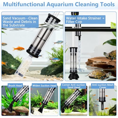 AQQA Upgraded DC 18W Electric Aquarium Vacuum Gravel Cleaner | Anti-Clog Pre-Filter Design, 7-in-1 Multifunctional, Dirt Removal, Water Change, Sand Washing, Turtle Shower