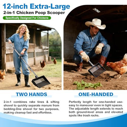12-Inch 2-in-1 Chicken Poop Scooper & Rake, Chicken Coop Scoop with Adjustable Stainless Steel Handle （24–64"）, 3 Angles & 2 Sifting Holes, Litter Scoop Sand Sifting Shovel Pooper Scooper (Black) - color: Black