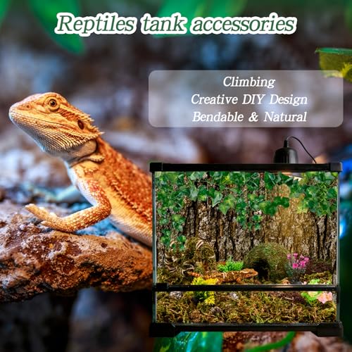 8 Pcs Reptile Hides and Caves Leopard Gecko Tank Accessories Bendable Moss Vine for Reptiles Fake Leaves Potted Plants for Terrarium Vivarium Hide