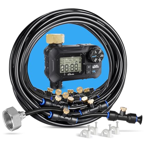 Automatic Misting Cooling System with Timer, 91.8FT Misting Line | 24 Brass Nozzles, 3/4" Brass Adapter, For Patio Misting, Grenhouse Watering & Chicken Coop Cooling - size: 91.8FT / 28M