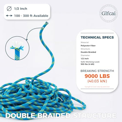 1/2 Inch Arborist Rigging Rope (200 Ft) - ASTM F2116 Certified (9,000 lbs MBS / 900 lbs SWL) - Static Polyester Bull Rope for Tree Climbing, Nautical Rigging & Swings (Yellow) - size: 1/2IN x 200 FT, style: Yellow