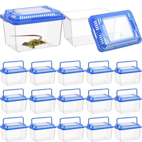 LemonRoad 15 Pcs Plastic Reptile Terrariums Carrier Cage 5.1x3.5x3.5 in Small Reptile Enclosure with Ventilated Lid Snake Breeding Box Hatching Container for Tarantula Spider Turtle Hermit (Blue)