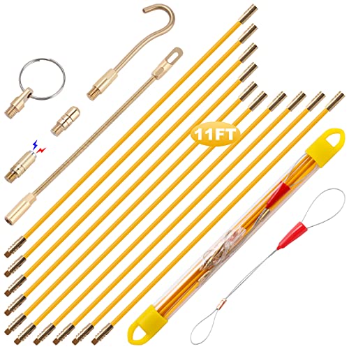11FT Fiberglass Wire Running Kit, Cable Running Rods with 5 Attachments | Fiberglass Electrical Wire Running Rods, 11FT Non-Conductive Pulling Kit with 5 Interchangeable Heads, Carrying Case - size: 11FT-10 Rods