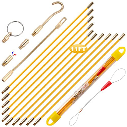 11FT Fiberglass Wire Running Kit, Cable Running Rods with 5 Attachments | Fiberglass Electrical Wire Running Rods, 11FT Non-Conductive Pulling Kit with 5 Interchangeable Heads, Carrying Case - size: 11FT-10 Rods