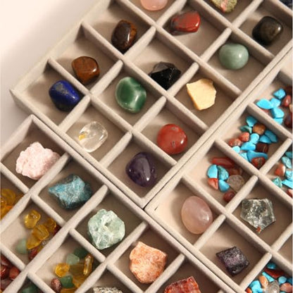 Rock Display Case, 54 Girds Rock Collection Display, Rock Collection Box for Kids with Acrylic Cover and Velvet Compartment, Gemstone Display Case for Stones, Crystals, Gems (Grey) - size: Grey