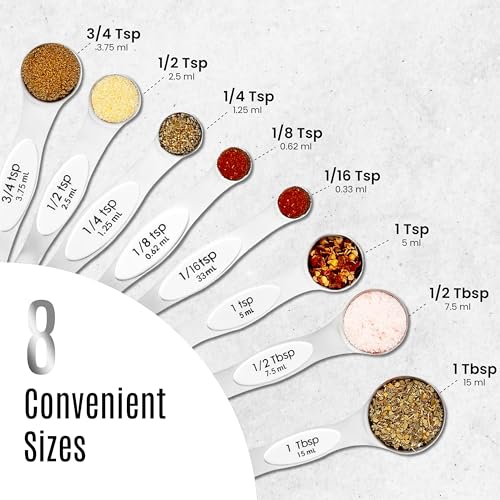 Magnetic Measuring Spoons Set of 9 Stainless Steel Dual-Sided Stackable Measuring Spoon Nesting Teaspoons Measuring Dry and Liquid Ingredients, Fits in Spice Jars Set of 9 (White) - color: White