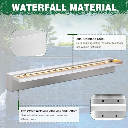 LONGRUN Waterfall Pool Fountain, Updated 5.9'' Wider Open Lip Stainless Steel Waterfall Spillway, Decorative Water Feature for Swimming Pools, Koi Ponds, Spa & Garden - 35.4'' - size: 35.4 inch Stainless Steel(Short-beaked)
