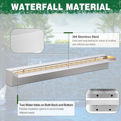 LONGRUN Waterfall Pool Fountain, Updated 5.9'' Wider Open Lip Stainless Steel Waterfall Spillway, Decorative Water Feature for Swimming Pools, Koi Ponds, Spa & Garden - 35.4'' - size: 35.4 inch Stainless Steel(Short-beaked)