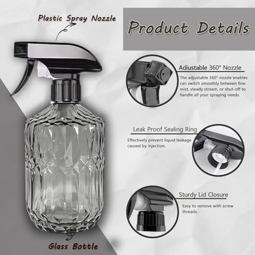 Glass Handheld Spray Bottle, 15oz, Dark Grey, Adjustable Nozzle | Pressure Watering Can, Plant Mister Fine Mist for Indoor Flowers, Outdoor Gardening, Cleaning, Pets Care, Hair - color: Dark Grey