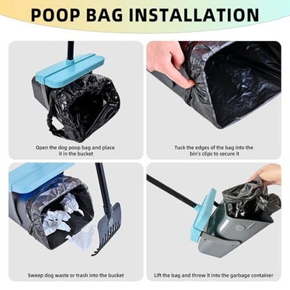 46" Pooper Scooper Swivel Bin & Rake for Large Small Dogs with Bag Attachment, Long Handle Poop Scooper with Lid for Yard (Blue) - color: Blue