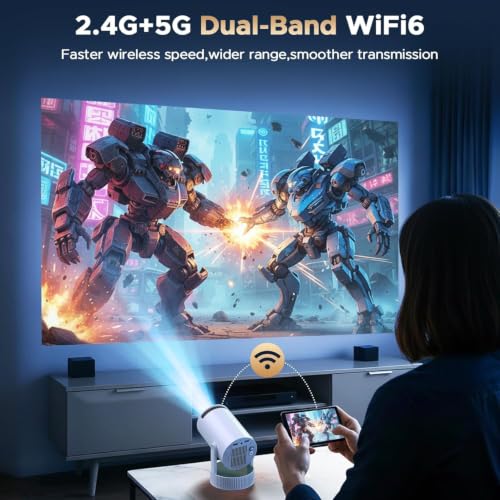 Mini Projector with WiFi and Bluetooth, Portable Projector with Built-in Battery, 4K Supported Android 11.0 Smart Outdoor Projector for Camping, Bedroom, Compatible with iPhone/TV Stick/HDMI/Laptop