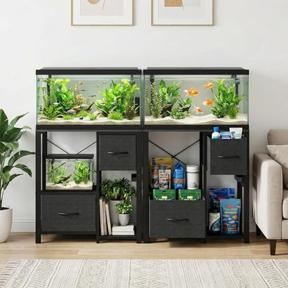 IDEALHOUSE 20-37 Gallon Fish Tank Stand, 80cm Industrial Metal Aquarium Stand with 2 Drawers, Heavy Duty Reptile Tank Stand with Storage Shelves, Black Finish