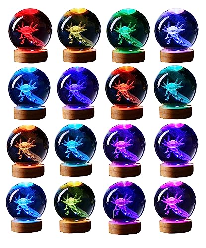 axolotl lamp,3.15 inch 3D K9 Crystal Ball Axolotl Night Light with Wooden Base,16 colors change,remote control,color box,Birthday Christmas axolotl Gift