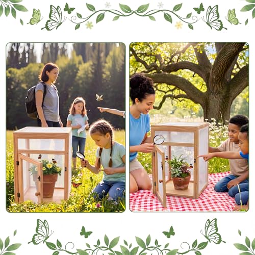 Wooden Butterfly Habitat Cage Kit Monarch Caterpillar Enclosure with Mesh Tent & Wood Frame, Detachable Insect Observation House for Kids Outdoor Garden(15.7") - size: 15.7"