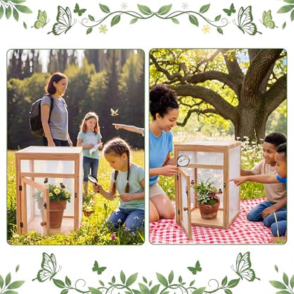 Wooden Butterfly Habitat Cage Kit Monarch Caterpillar Enclosure with Mesh Tent & Wood Frame, Detachable Insect Observation House for Kids Outdoor Garden(15.7") - size: 15.7"