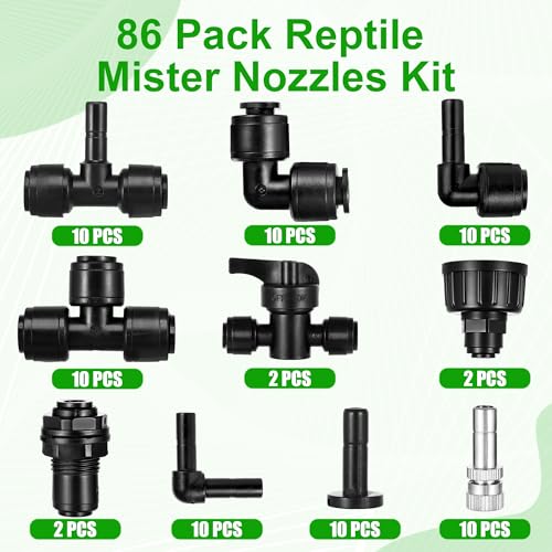 86 Pack 1/4 Reptile Mister Nozzles Kit, Reptile Misting System | 1/4"Reptile Misting System Fittings,360 Degree Adjustable Misting Spray Nozzles for Aquarium,Vivarium,Plants, Amphibians - size: 84 Pack Mister Nozzles Kit