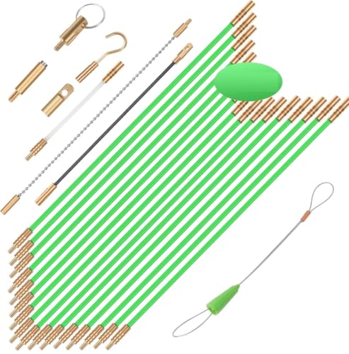 FTIHTRY 45FT Fiberglass Running Electrical Wire Cable Glow Rods Wire Pulling, Fish Rods Electrical Kit with 8 Different Attachments and Fish Tape Wire Puller Kit - style: 45FT
