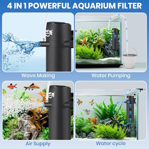Aquarium Filter for 30-70 Gallon Tank, Fish Tank Filter with Wave-Maker Oxygenation Circulation, Adjustable Air Flow Filter for Freshwater & Saltwater, 4 in 1 Submersible Filter (12W)