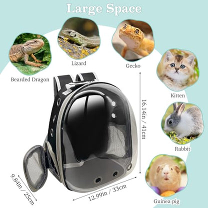PINVNBY Bearded Dragon Carrier Backpack with Harness and Leash Set Large Reptile Travel Carrier Portable Lizard Backpack Clear Bubble Window Small Animal Carrying Bag for Gecko Kitten Rabbit (Black) - color: Black