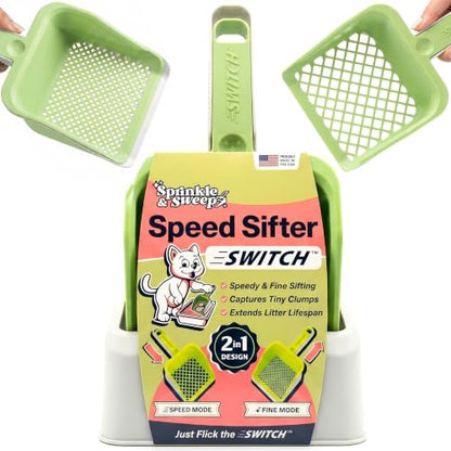 Sprinkle & Sweep: Speed Sifter Switch - Cat Litter Scooper, 2-in-1 Design: Speedy & Fine Modes, Washable Base Stand, Heavy Duty Pet Waste Removal Tool