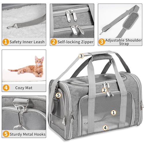 Soft-Sided Cat/Dog/Pet Carrier, Collapsible Pets Travel Carriers | for Big Cats/Small Dogs with Shoulder Strap & Removable Mat, Mesh Puppy Carry Bag, Up to 16 Lbs, TSA Airline Approved(Gray) - color: GRAY, size: 17"L x 11"W x 11"H