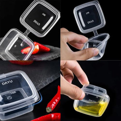 MIUPOO Leak Proof Square Sauce Cup,Plastic Souffle Cups,Disposable Clear Leak Proof Sauce Cup With Hinged Lid,Used for Various Sauces,Food Samples,Storage Crafts,1 OZ,100 Pieces