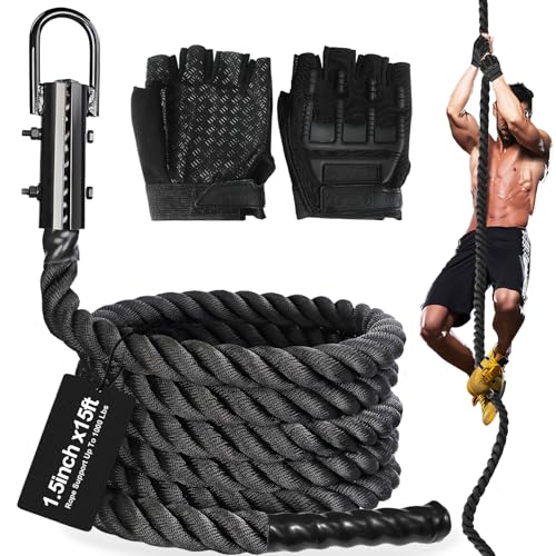 Climbing Rope Gym Workout - 1.5 Inch Dia 10FT 15FT 20FT 25FT 30FT 35FT 40FT 50FT Heavy Duty Work Out Rope Exercise Climbing Ropes for Adults Kids Fitness & Strength Training Outdoor & Indoor - Black - style: 1.5 Inch-15ft