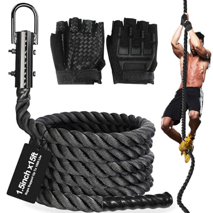 Climbing Rope Gym Workout - 1.5 Inch Dia 10FT 15FT 20FT 25FT 30FT 35FT 40FT 50FT Heavy Duty Work Out Rope Exercise Climbing Ropes for Adults Kids Fitness & Strength Training Outdoor & Indoor - Black - style: 1.5 Inch-15ft