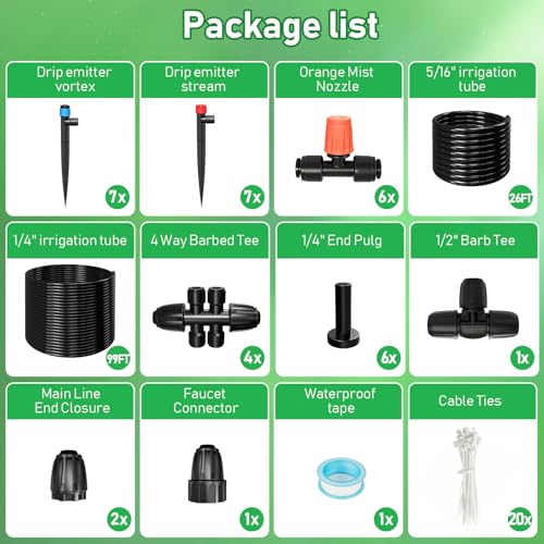 125FT Drip Irrigation System, Automatic Drip Irrigation Kit with 5/16" Main Tube & 1/4" Branch Tubing, Adjustable Drip Emitters, Garden Watering System for Flower Bed, Raised Beds, Lawn, Greenhouses - size: 26FT Main Tube+ 99FT 1/4'' Tube