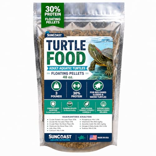 Suncoast Aquatic Turtle Food for Adult Turtles - Floating Pellets with 30% Protein, Calcium, Vitamin E, Omega-3 & Vitamin C, Complete Diet for Red Eared Sliders & Water Turtles - 3.0 lbs - size: 3 Pound (Pack of 1)