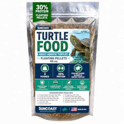 Suncoast Aquatic Turtle Food for Adult Turtles - Floating Pellets with 30% Protein, Calcium, Vitamin E, Omega-3 & Vitamin C, Complete Diet for Red Eared Sliders & Water Turtles - 3.0 lbs - size: 3 Pound (Pack of 1)