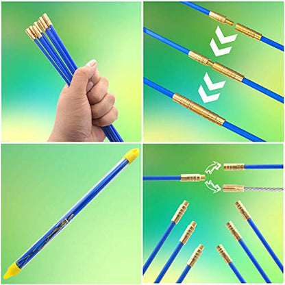 50' Fiberglass Cable Wire Running Rod Coaxial Electrical Connectable Fish Tape Pull Kit With Hook And Hole Kit In Transparent Tube, Blue - color: blue