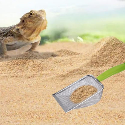 Reptile Sand Substrate Scoop Reptile Sand Fine Mesh Reptile Scooper Stainless Steel Terrarium Substrate Sand Bedding Litter Cleaner Scoop and Reptile Long Feeding Tongs Set (Green-2mm) | Stainless Steel 2mm Fine Mesh Reptile Scooper Terrarium Substrate Sa