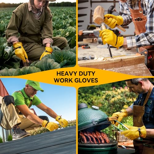OZERO Leather Work Gloves for Men: Cowhide Garden Gloves, Gold, XL, 1 Pair | Full Grain Cowhide, ANSI/ISEA 105 Certified, Puncture Level 4, Abrasion Level 3, for Gardening Yard Construction Ranch Work - size: X-Large (1 Pair)
