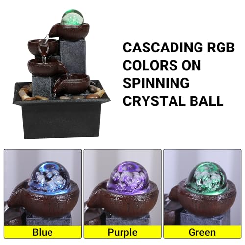 Tabletop Water Fountain-Indoor Waterfall-Desktop Fountain-Spinning Crystal Ball Lighting LED Colors from-Waterfall-Indoor Water Fountains with Natural River Rocks for Feng Shui Effect
