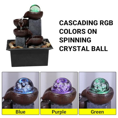 Tabletop Water Fountain-Indoor Waterfall-Desktop Fountain-Spinning Crystal Ball Lighting LED Colors from-Waterfall-Indoor Water Fountains with Natural River Rocks for Feng Shui Effect