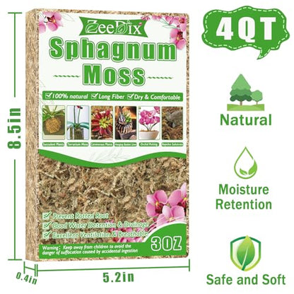 4 qt Sphagnum Moss for Indoor Plants, Natural Dried Long Fiber Moss for Orchid Repotting, Carnivorous Plants, Succulents, Monstera, Flower & Reptile Terrariums Habitats (3 oz) - size: 3oz
