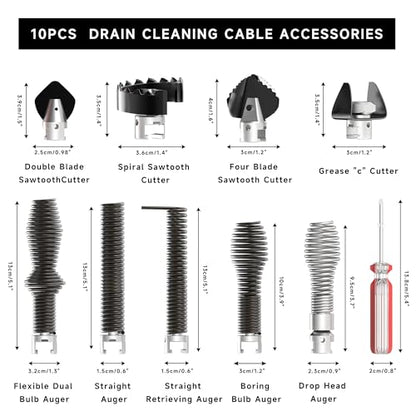 10PCS Drain Cleaning Kit, Clog Removal Set with Heavy-Duty Plunger, Auger Snake, Wrench & Tools for 5/16-inch to 3/4-inch Drain Snake Cable – for Sink, Toilet, Shower & Drainpipes