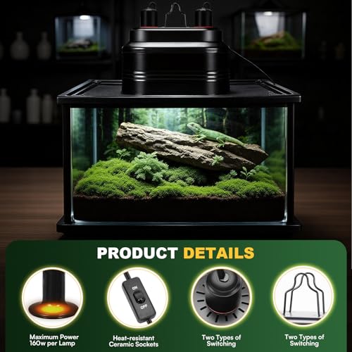 Dual Reptile Light Fixture Max 160W Each Heat Lamp Fixture Fits Heating Lamp Terrarium Light UVB Light for Lizards Turtles Snakes Terrarium Habitat