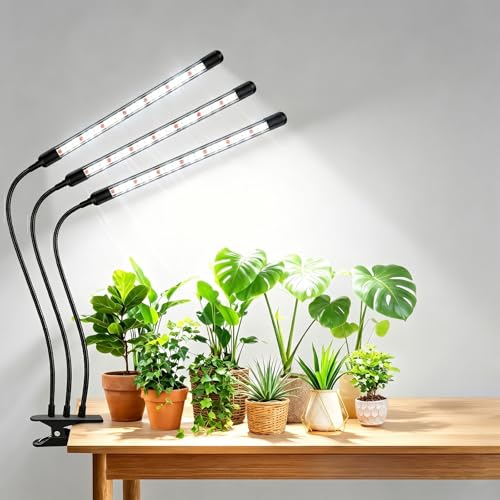 SDOVUERC Tri-Head Clip Grow Light for Indoor Plants, Full Spectrum with 6/12/18H Timer, 5 Dimmable Levels, 3 Spectrum Modes & 360° Gooseneck for Seedlings, Houseplants, Succulents - size: 3 Heads
