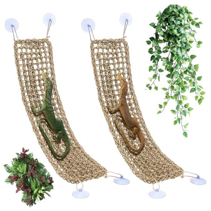 2 Pcs Bearded Dragon Hammock Reptile Lounger, Natural Seagrass Climbing Habitat Decor with Jungle Theme for Lizards, Geckos, Snakes, Iguanas, Amphibians and Terrarium